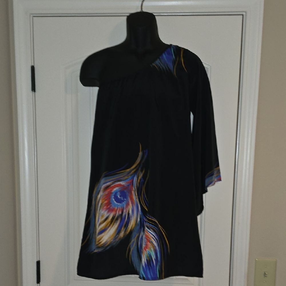 Black One-Shoulder Dress with Peacock Feather Design